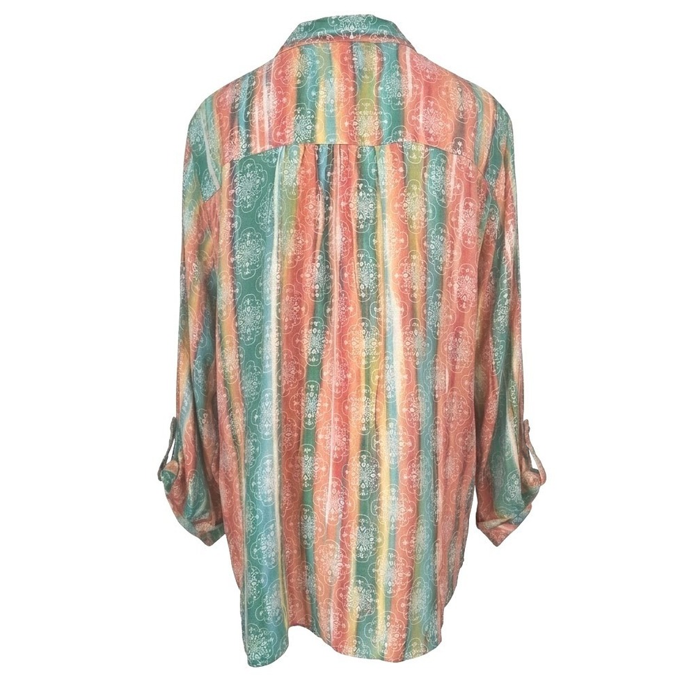 NEW Ruby Rd Woman 1X Rainbow Stripe Paisley Button Front Roll Tab Sleeve Shirt - Picture 3 of 10